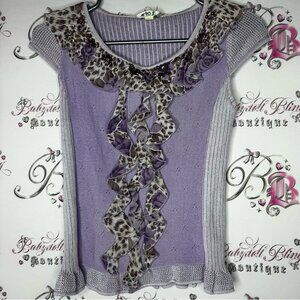 Arte shirt purple cheetah print beaded embroidery ruffle frills stretchy y2k